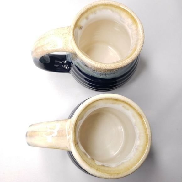 Set Of 2 Two Blue Beige Drip Glaze Pottery Mugs - Picture 3 of 5